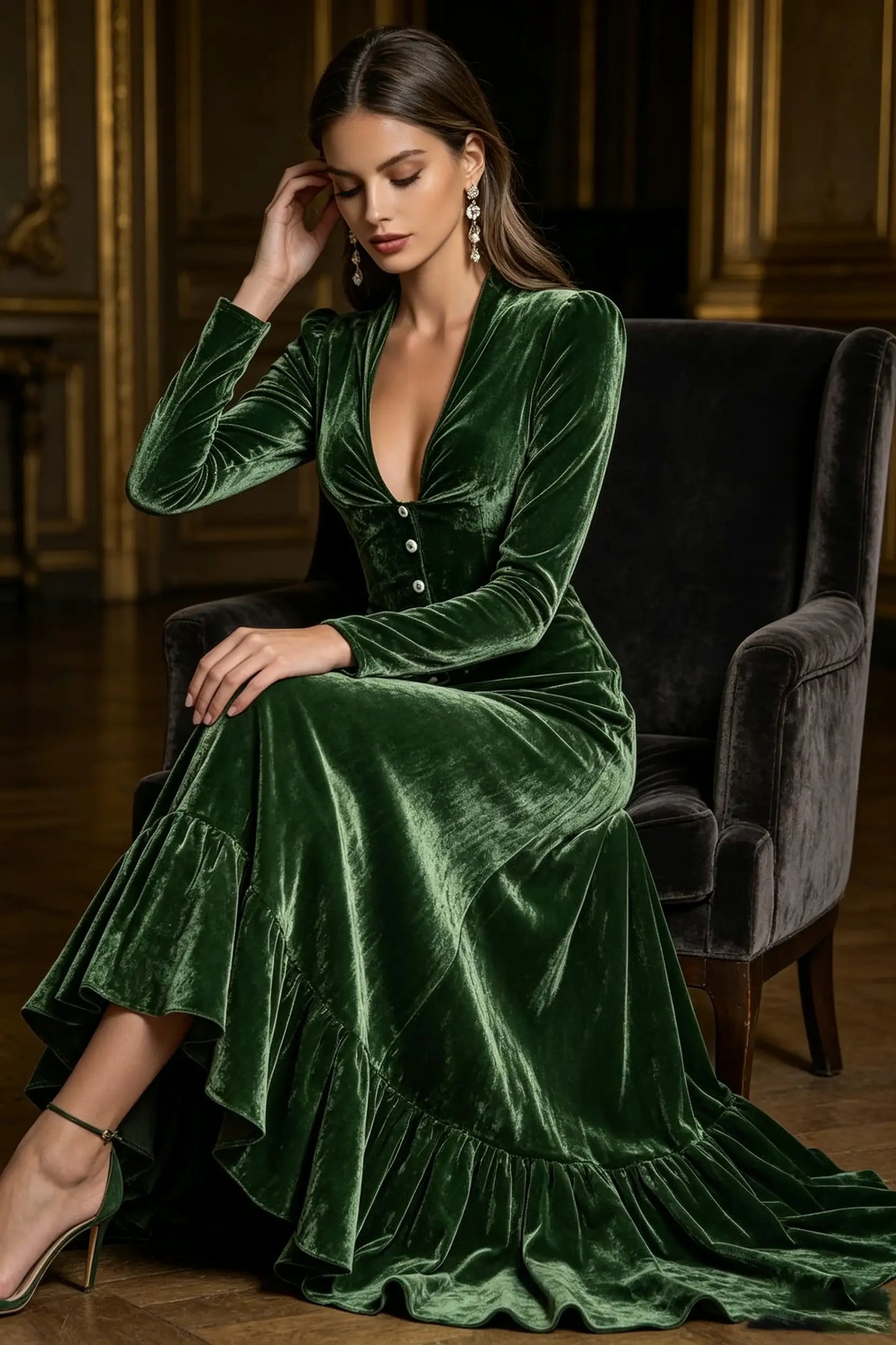 Elegant Velvet Deep V-Neck Button-Front Long Sleeve Maxi Dress with Ruffle Hem