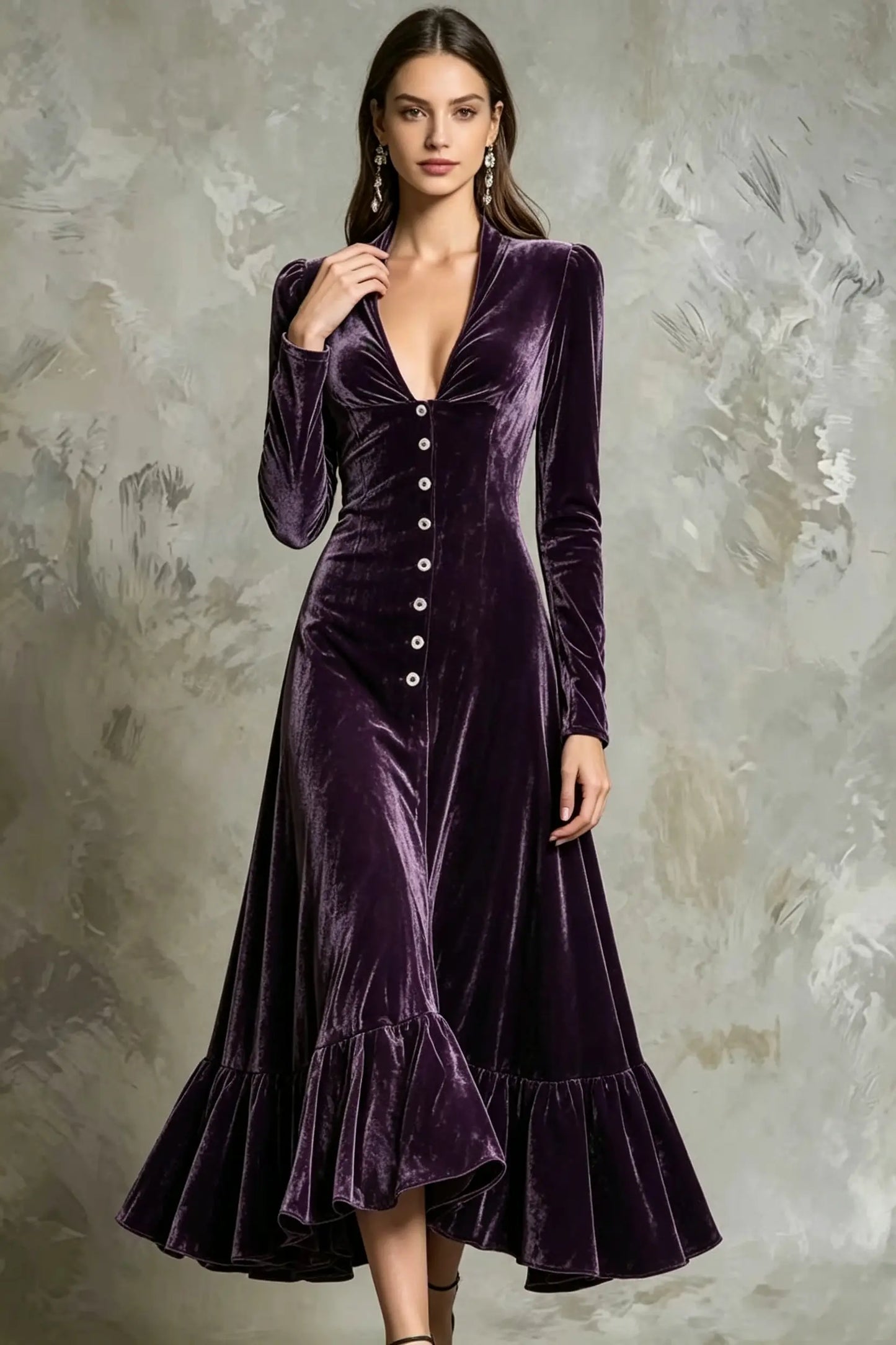 Elegant Velvet Deep V-Neck Button-Front Long Sleeve Maxi Dress with Ruffle Hem