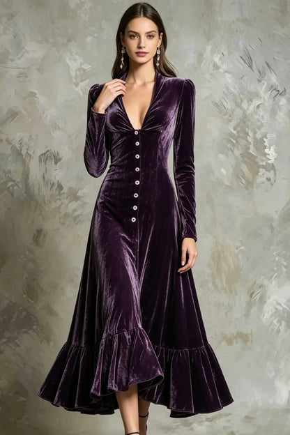 Elegant Velvet Deep V-Neck Button-Front Long Sleeve Maxi Dress with Ruffle Hem