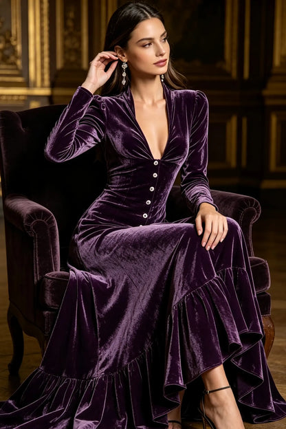 Elegant Velvet Deep V-Neck Button-Front Long Sleeve Maxi Dress with Ruffle Hem