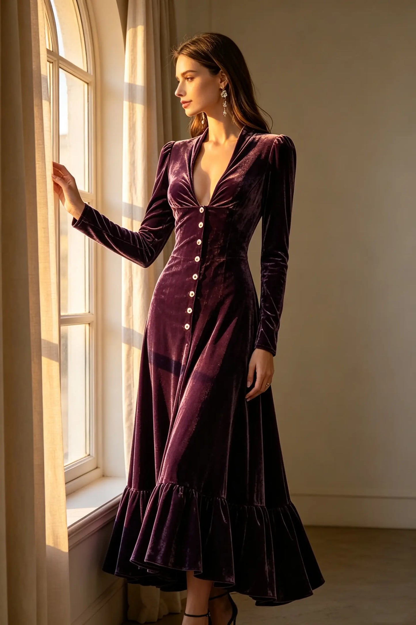 Elegant Velvet Deep V-Neck Button-Front Long Sleeve Maxi Dress with Ruffle Hem