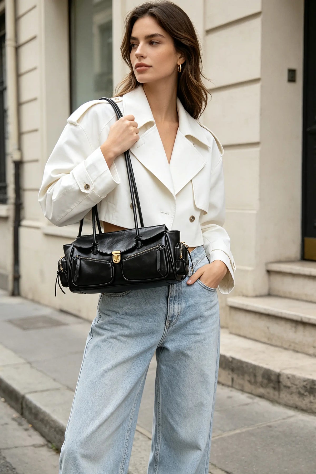 Vintage Distressed Leather Biker Shoulder Bag