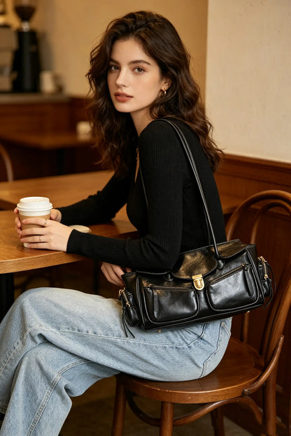 Vintage Distressed Leather Biker Shoulder Bag