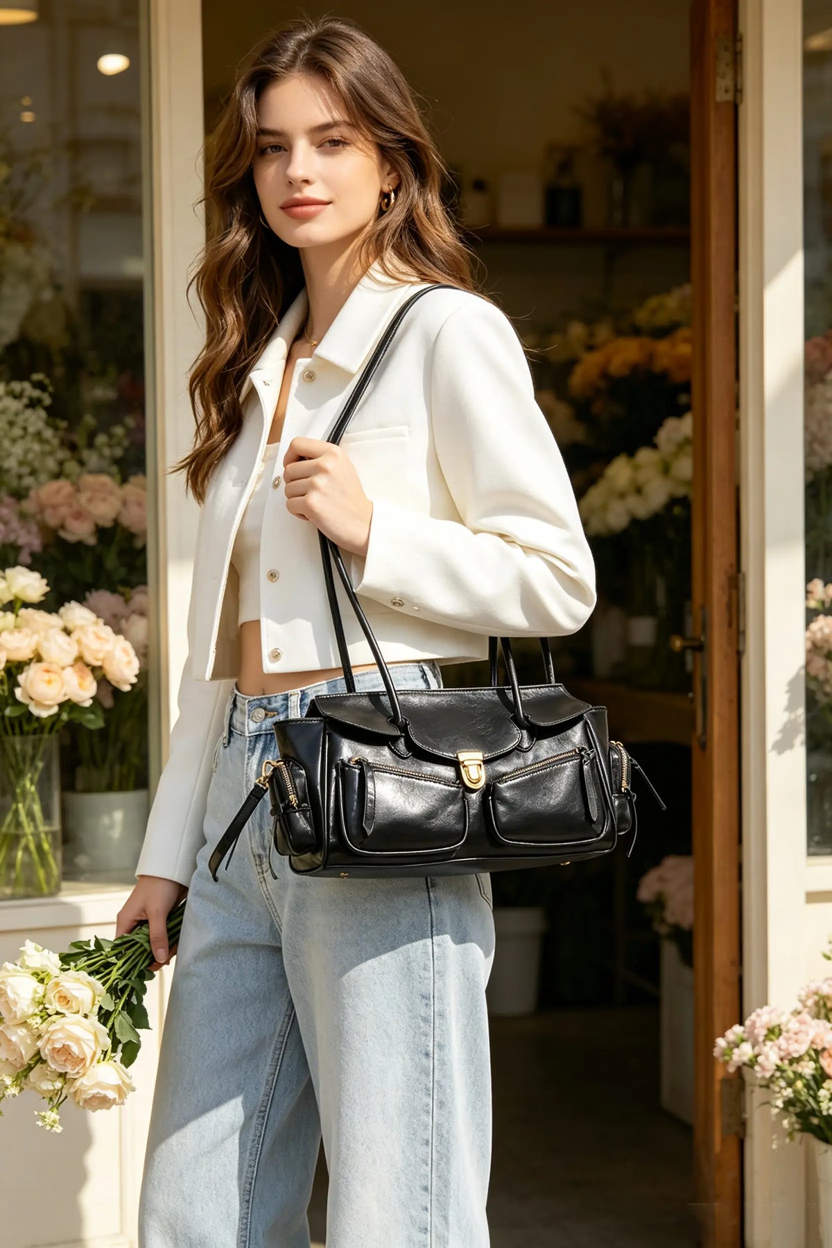 Vintage Distressed Leather Biker Shoulder Bag