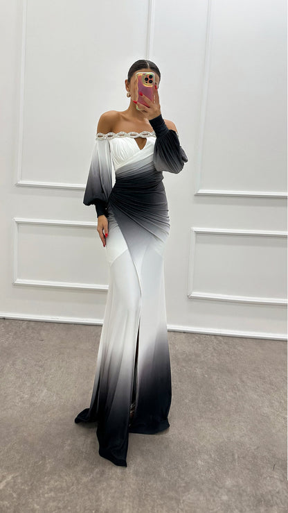 Women’s Off-Shoulder Gradient Print Maxi Dress – Long Sleeve INS Party Dress